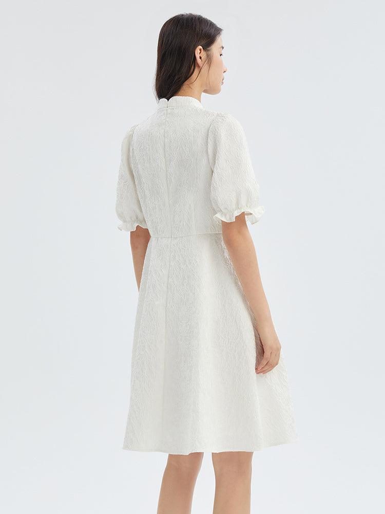 White Cheongsam Jacquard Puff Sleeve Midi Dress GOELIA