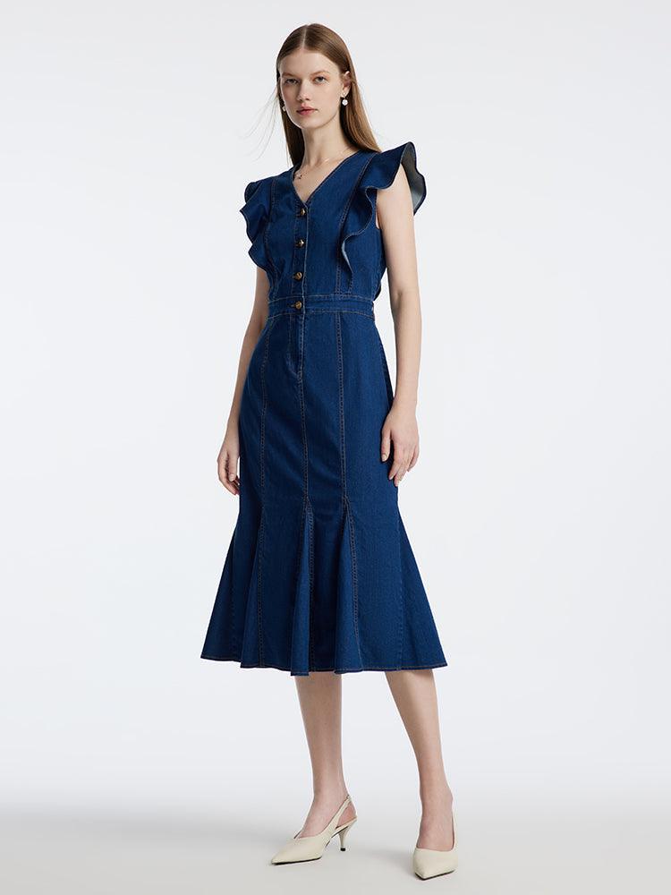 Denim Blue Ruffle Sleeveless Fishtail Dress GOELIA