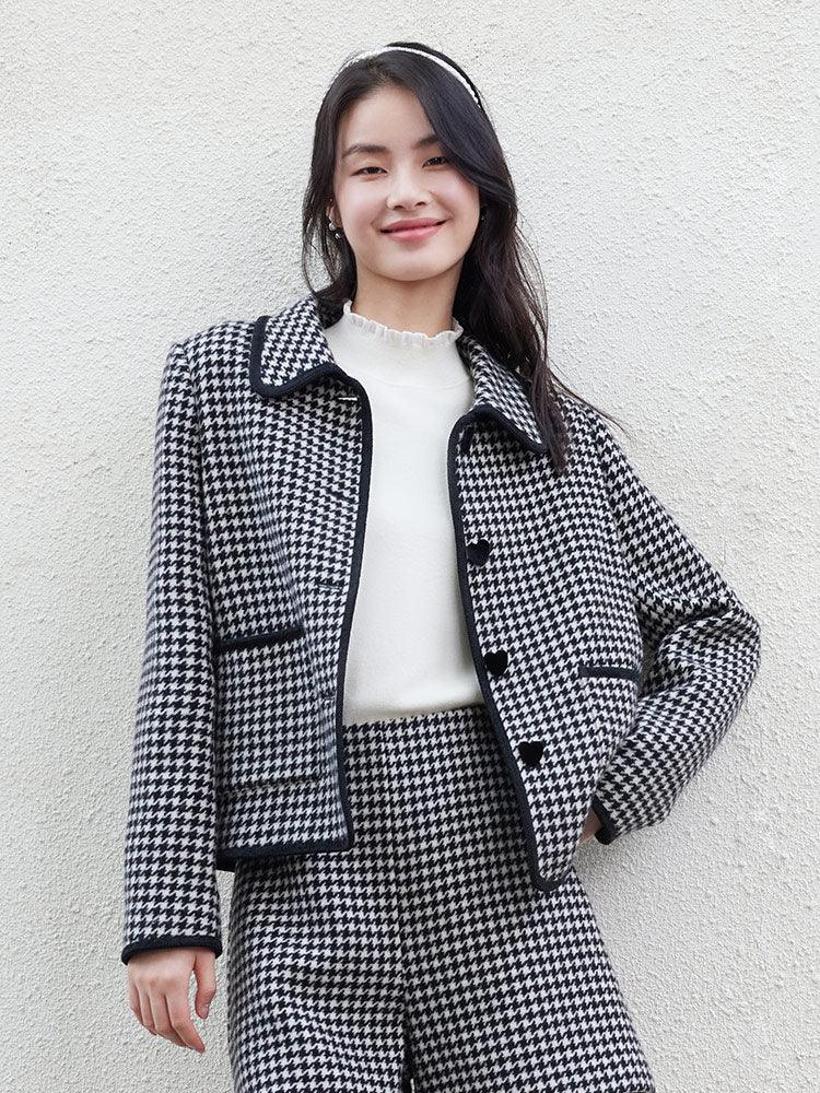 Black&white Woolen Houndstooth Crop Coat GOELIA