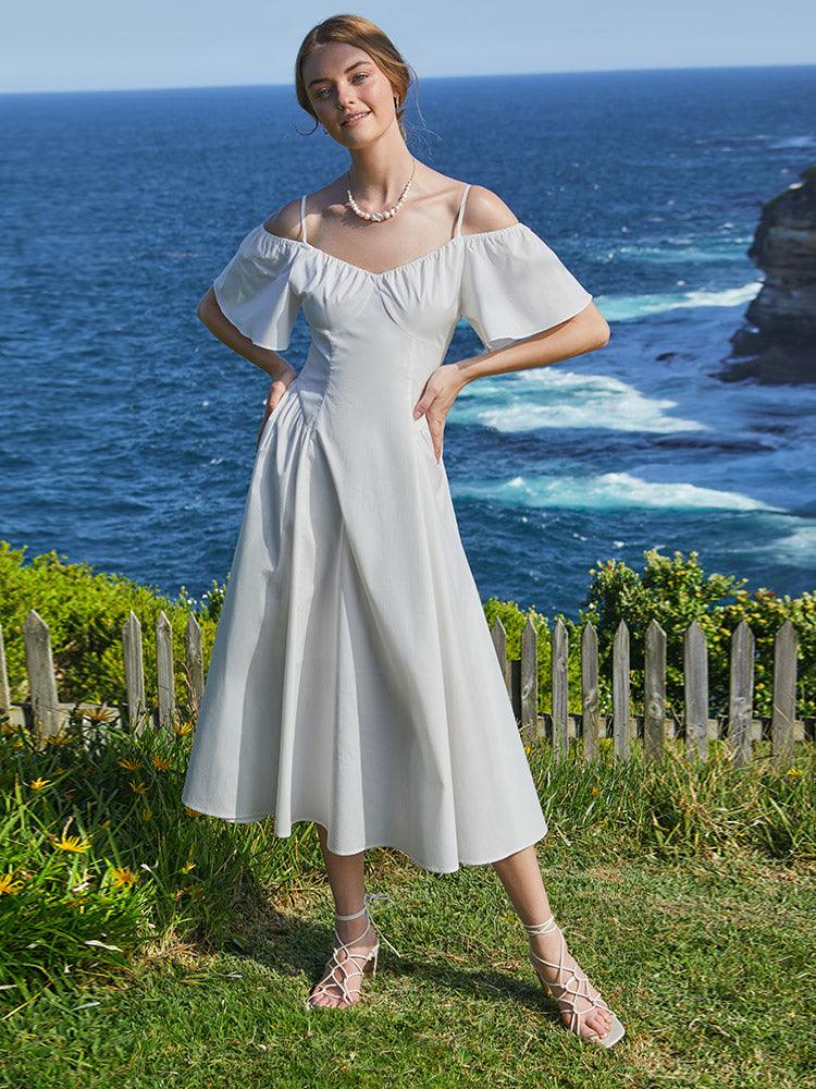 White Off-Shoulder Resort Style Midi Dress GOELIA