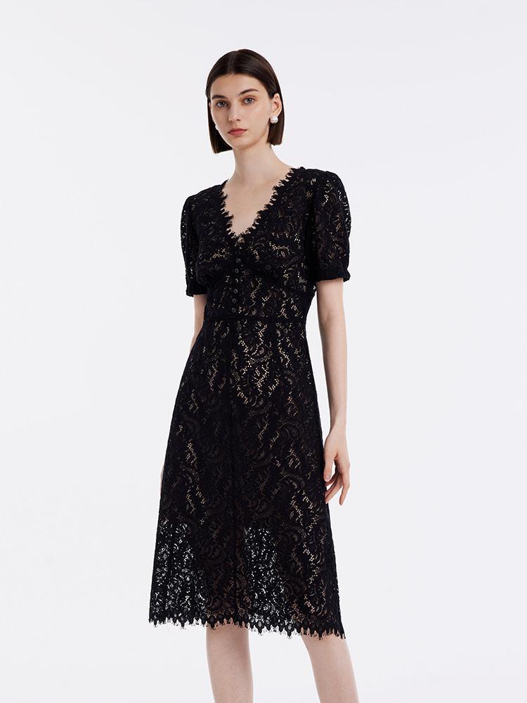 Lace V-Neck Mid Sleeve Dress GOELIA