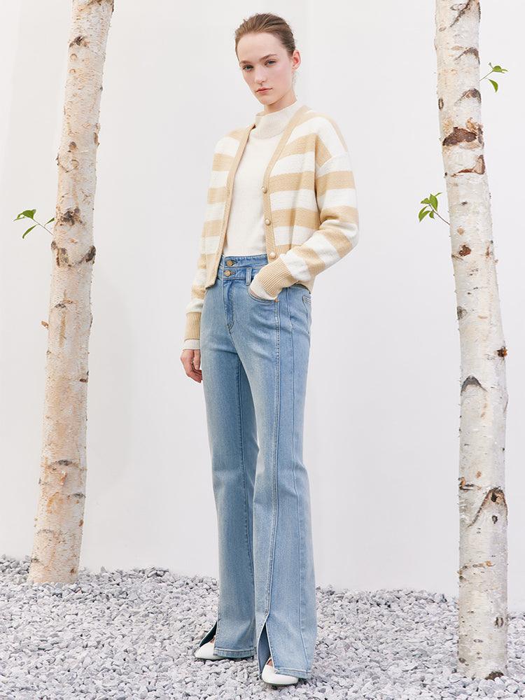 Yellow&White Stripe Woolen Cardigan GOELIA