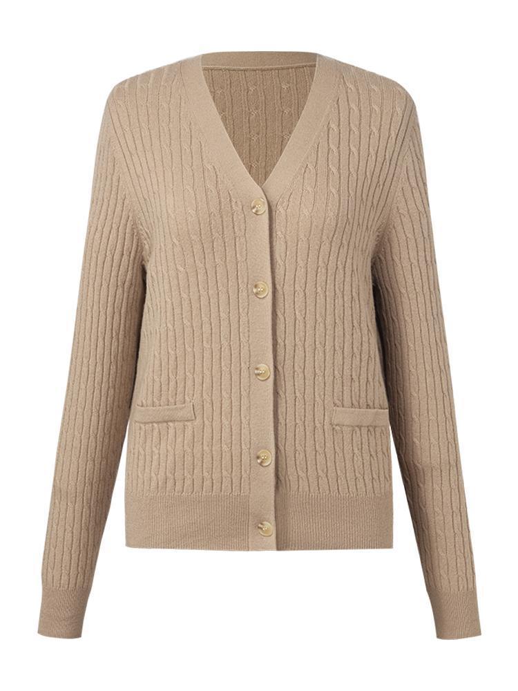 Camel Pure Cashmere V-Neck Cable Knit Cardigan GOELIA