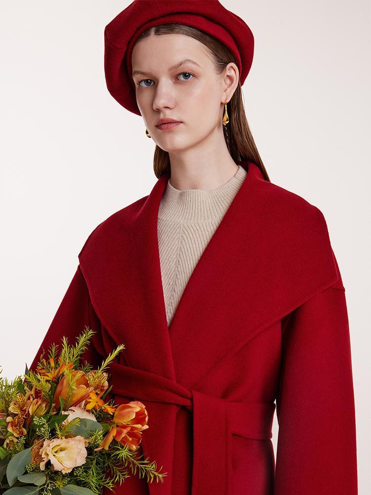 Red Mulberry Silk Wool Lapel Coat GOELIA