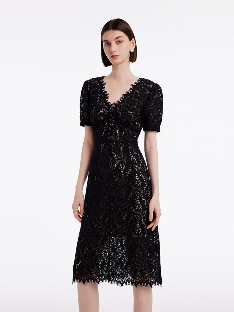 Lace V-Neck Mid Sleeve Dress