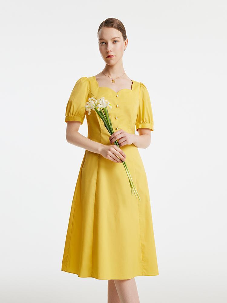 Yellow Square-Neck Cotton Dress GOELIA