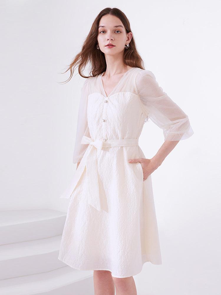 White Mesh Half-Sleeve V-neck Jacquard Dress GOELIA