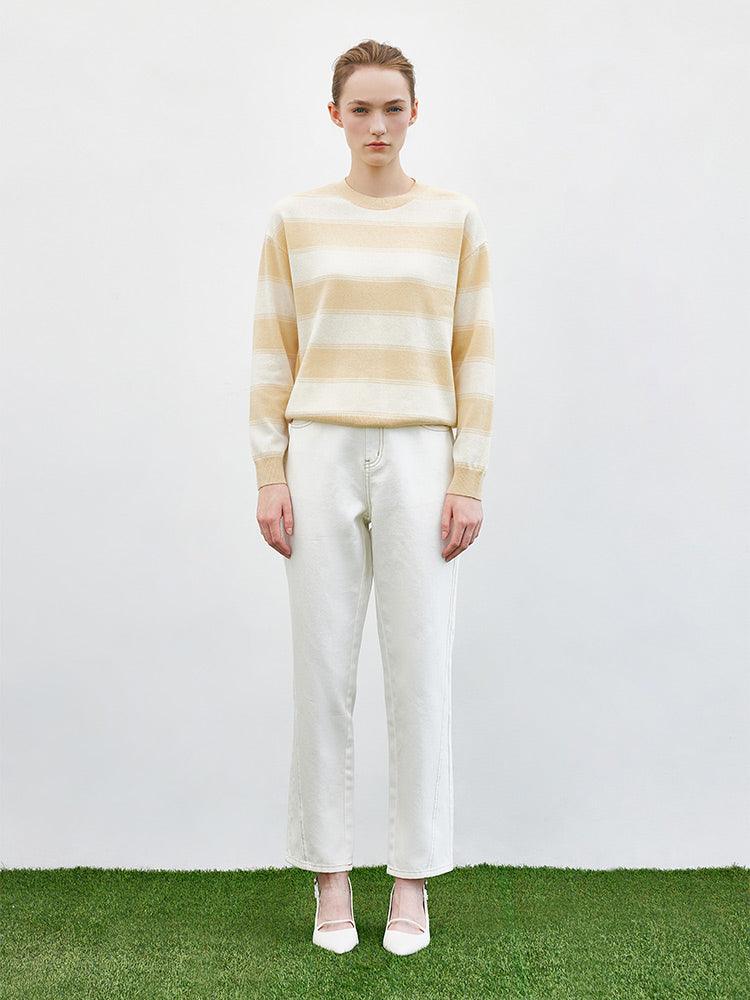 Cream Yellow&White Stripe Woolen Sweater GOELIA