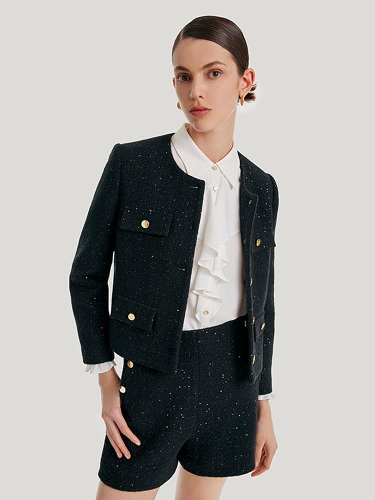 Elegant Black Tweed Cropped Jacket GOELIA