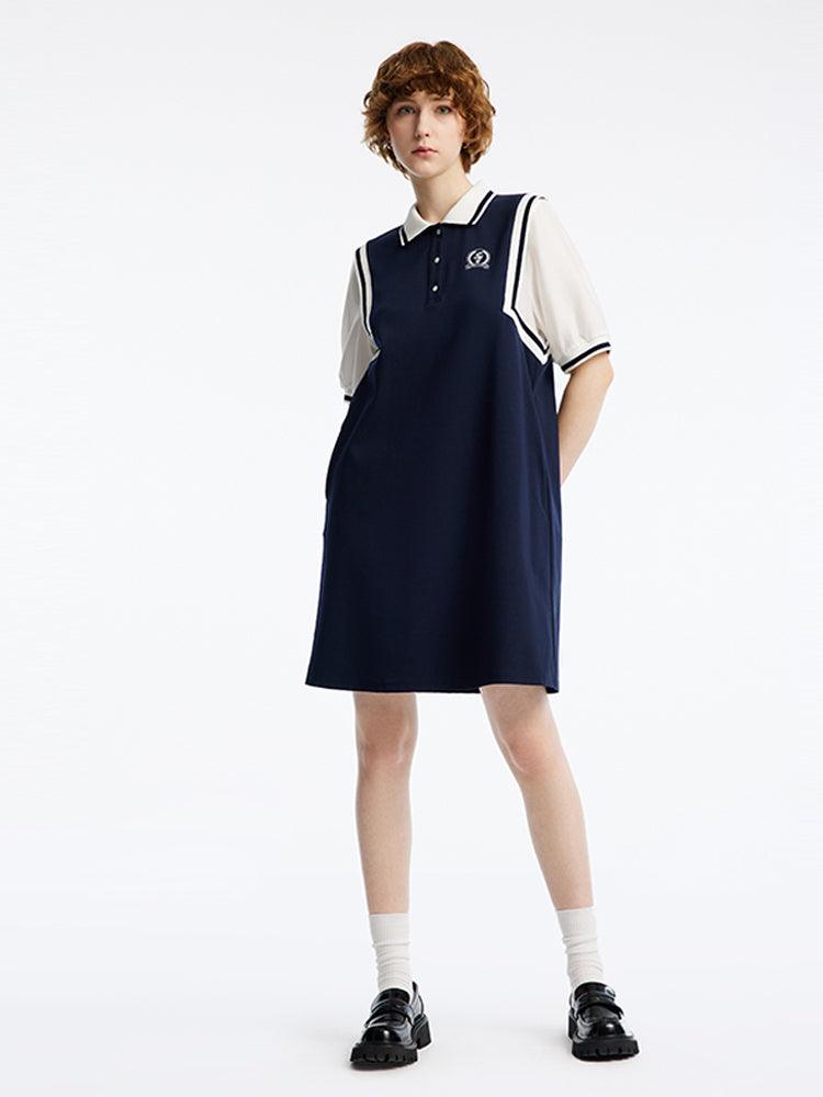 Lapel Collar Splicing Sleeve College Style Dress GOELIA