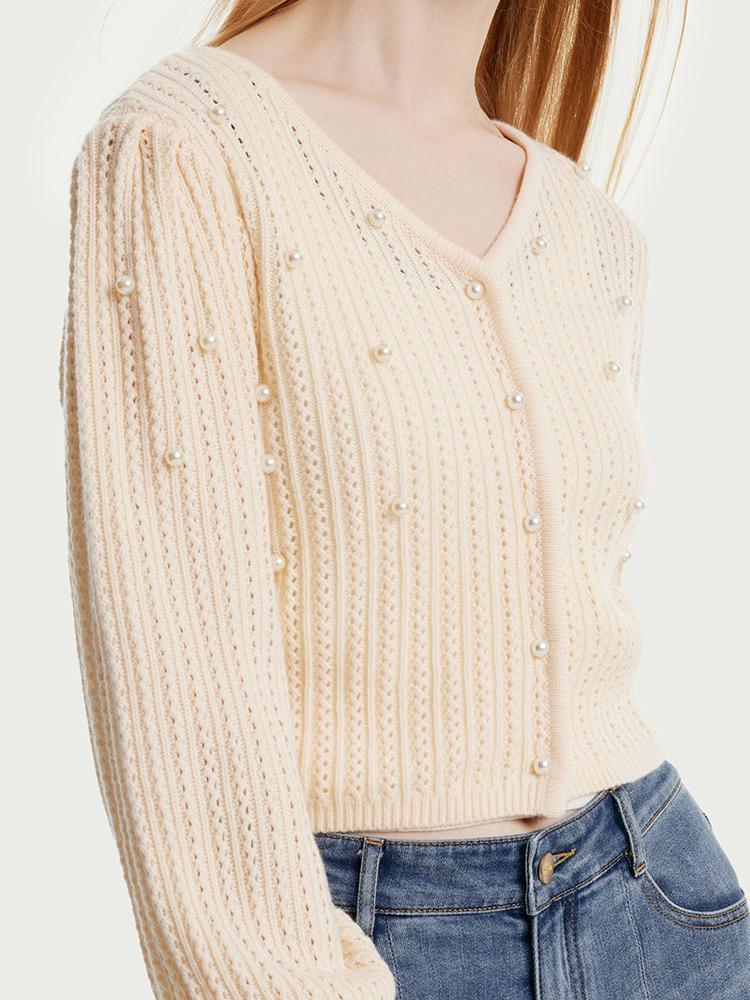 V-neck Beaded Knit Woolen Cardigan GOELIA