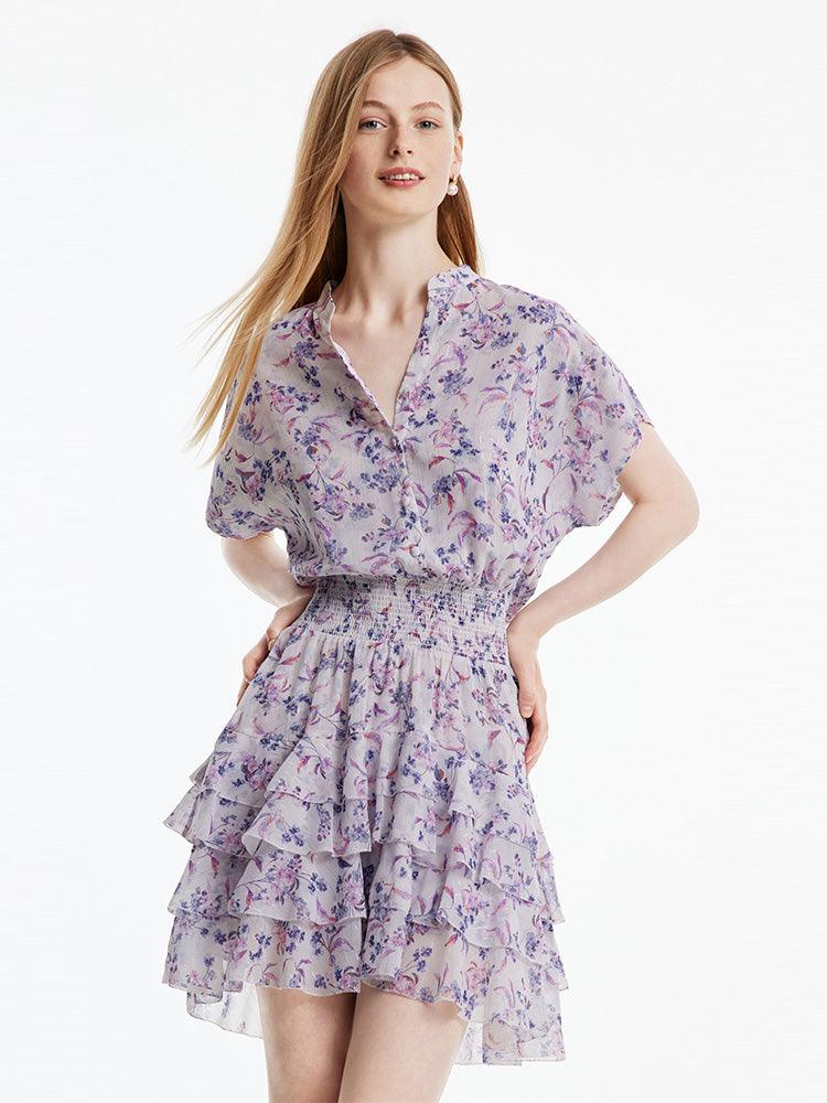 Purple Floral Gathered Waist Dress GOELIA