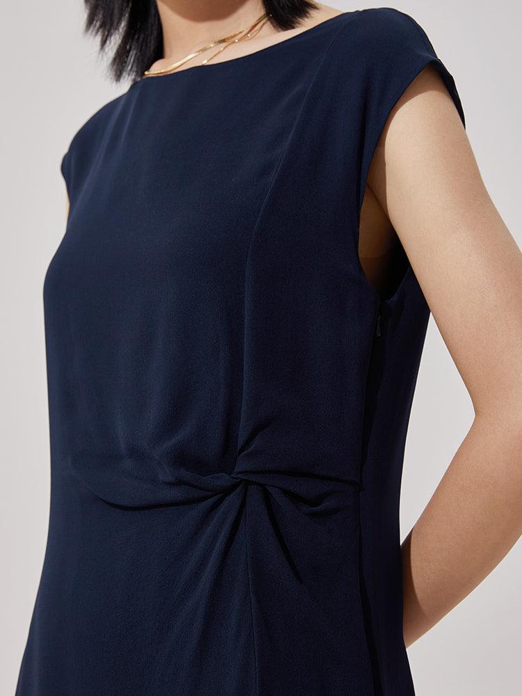 Dark Blue Silk Boat Neck Dress GOELIA