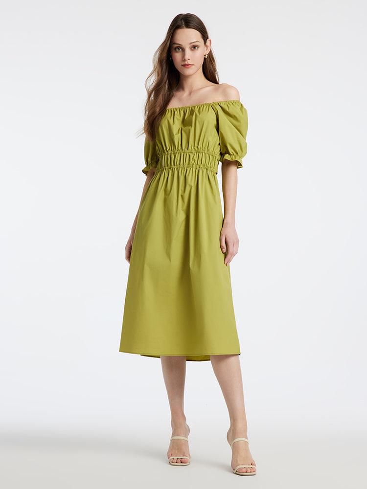 Green Princess Sleeve Square Neck Gathered Waist Midi Dress GOELIA