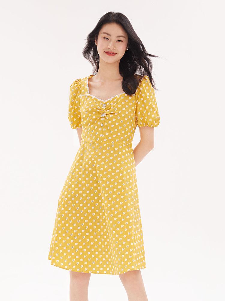 Yellow White Floral Print Square Neck Dress GOELIA