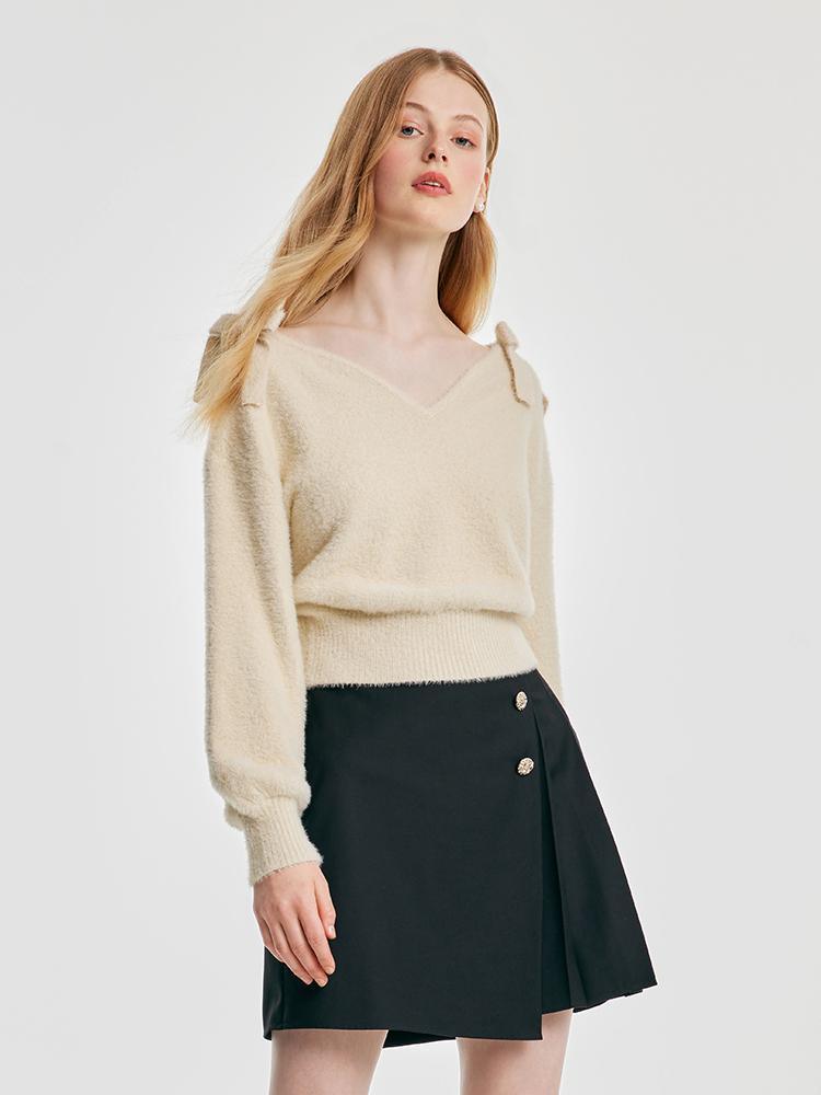 V-neck Tencel And Woolen Sweater With Bows GOELIA