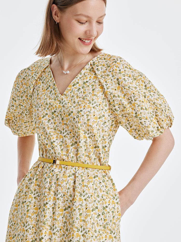 Yellow Floral Puff Sleeve Dress GOELIA