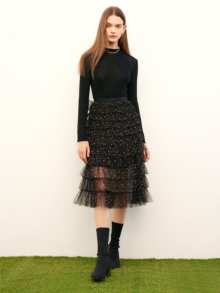 Mid-Calf Mesh Wrinkle Skirt GOELIA