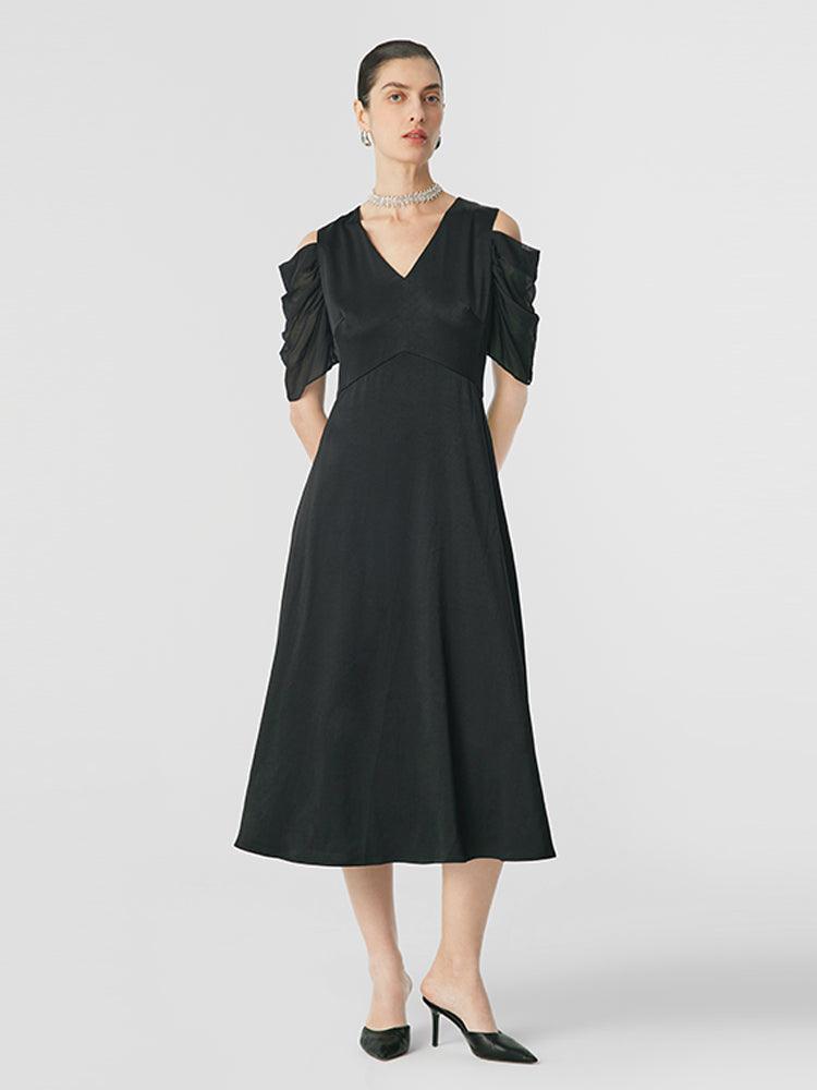 Triacetate Gathered Waist V-Neck Dress GOELIA