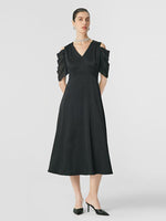 Black Triacetate Gathered Waist V-Neck Dress GOELIA