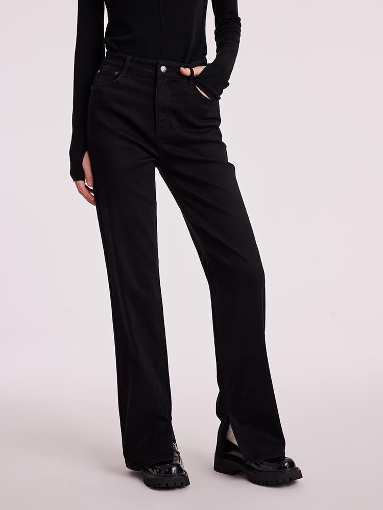 Black Full Length Slit Straight Jeans GOELIA