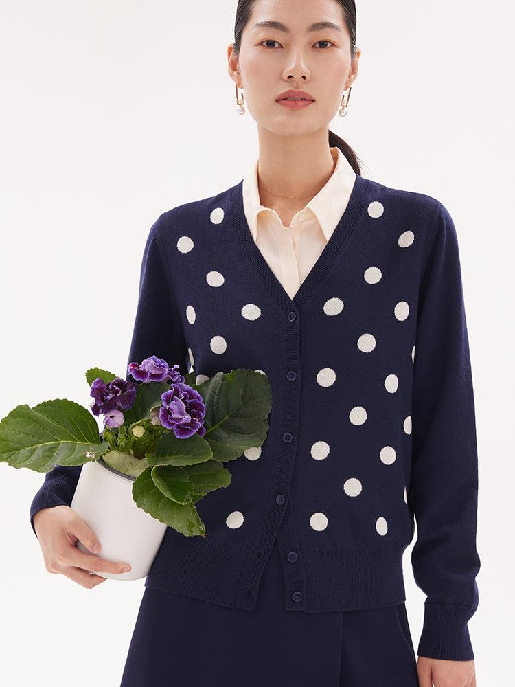 Blue&White Polka Dots Jacquard Reversible Cardigan GOELIA