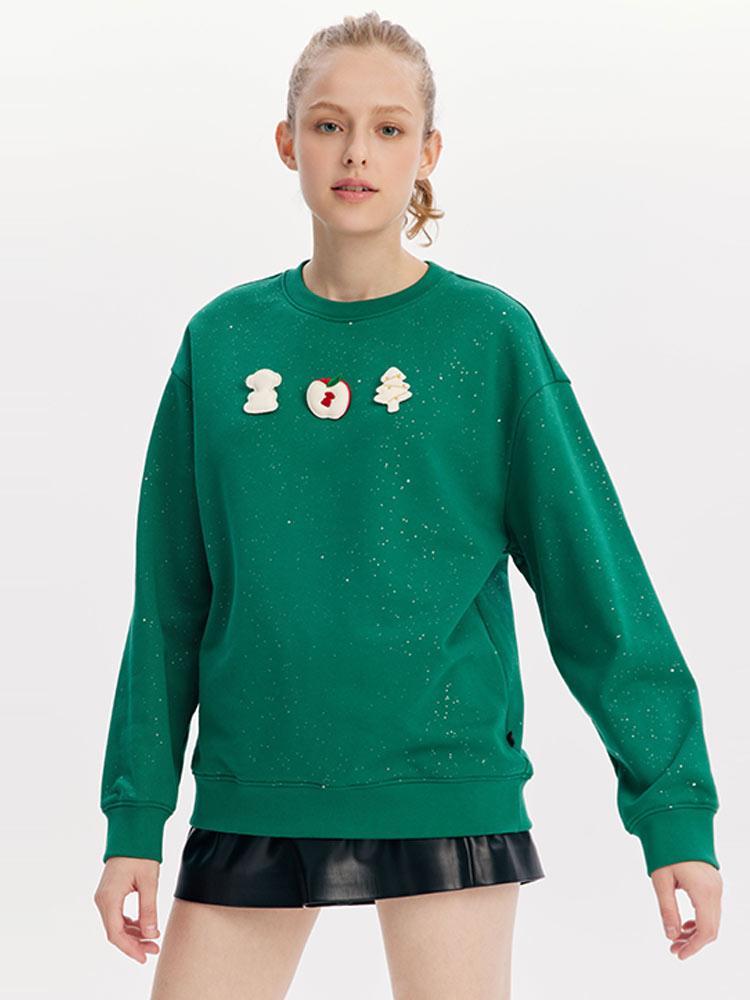 Green Sequin Round Neck Sweatshirt With Brooch GOELIA