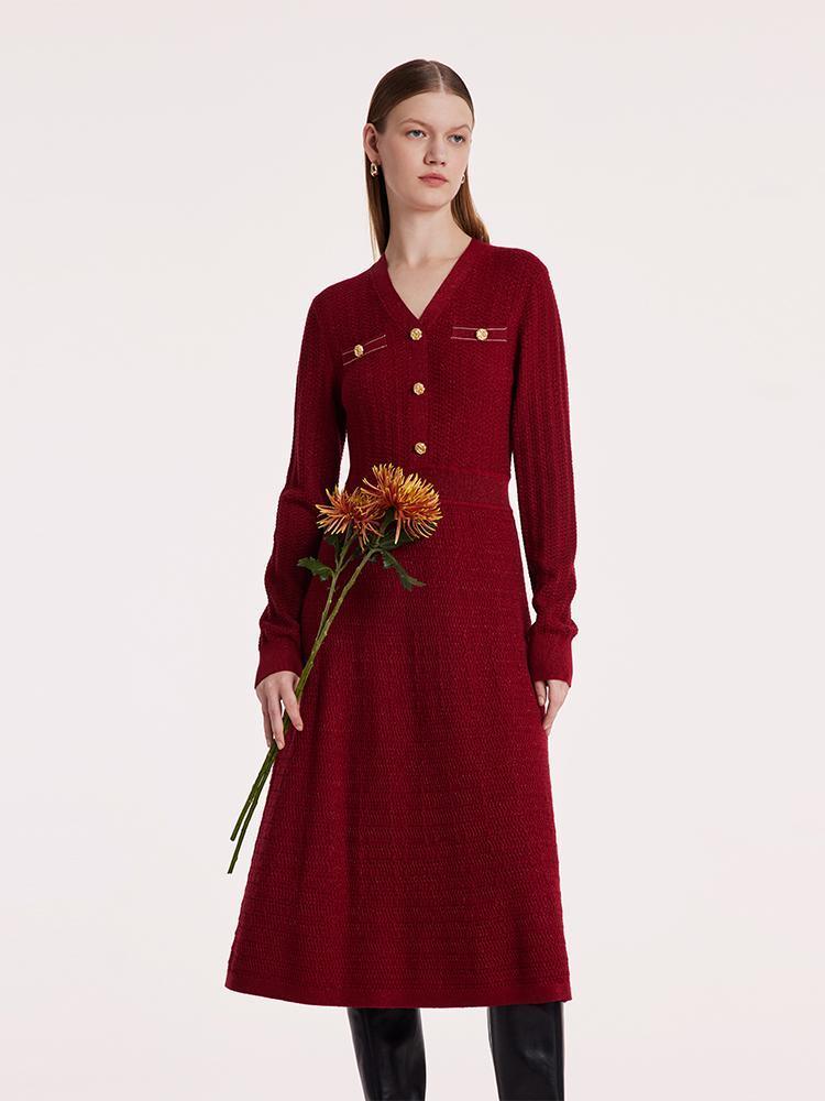Robe en tricot à col en V en laine lavable en machine 