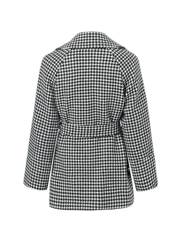 Washable Wool Houndstooth Coat With Belt GOELIA