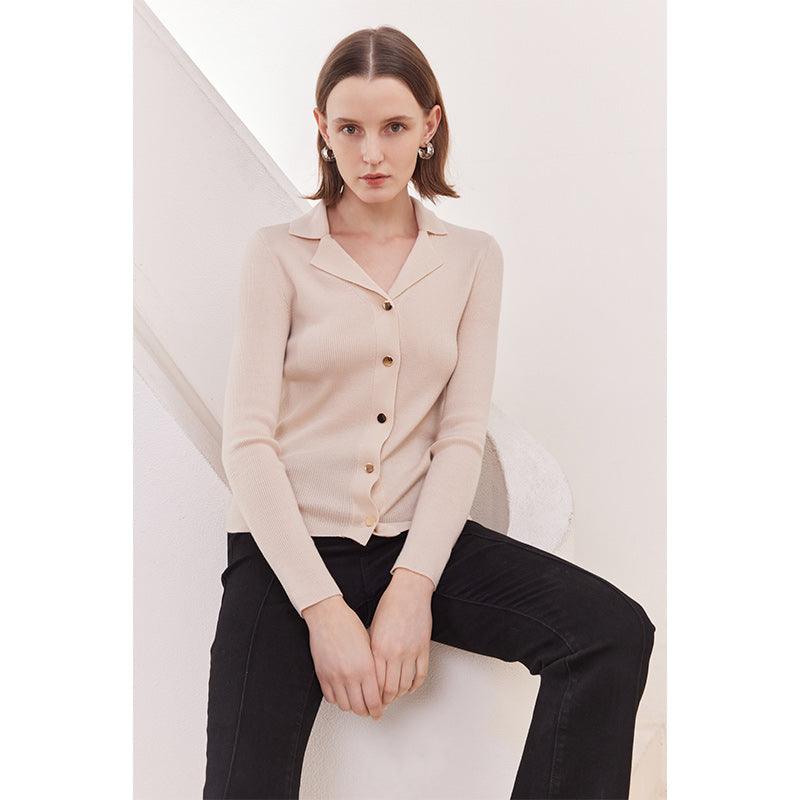 Beige Woolen Slim Fit Cardigan GOELIA