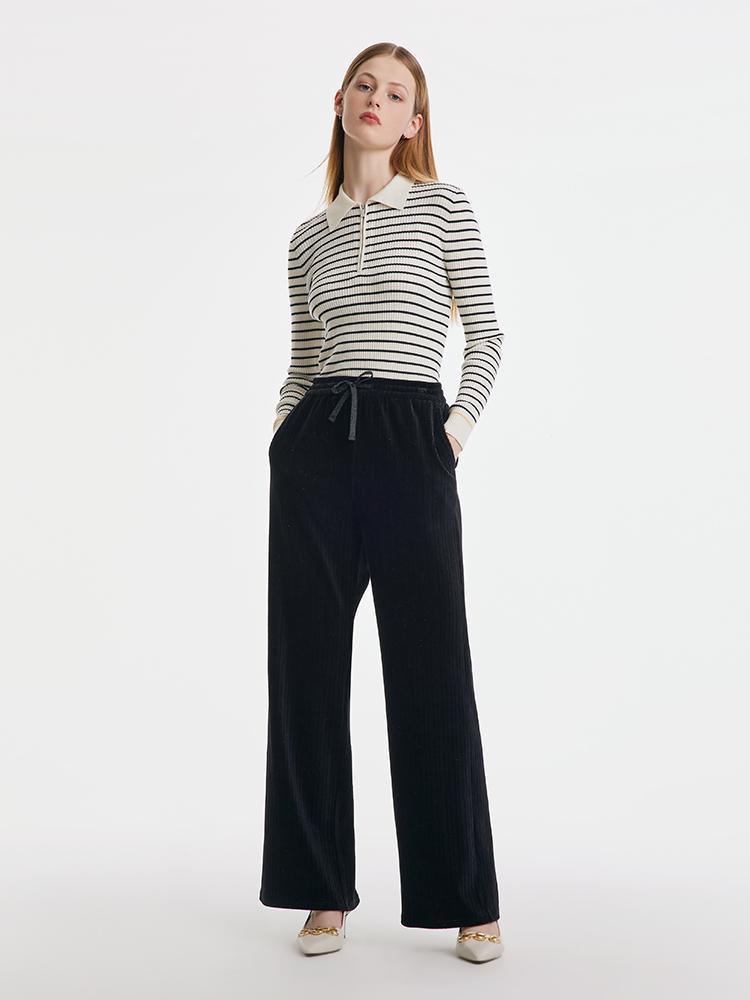 Waist Drawstring Knitted Velvet Straight Pants GOELIA