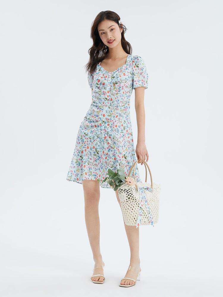 Drawstring Cotton Strawberry Print Dress GOELIA