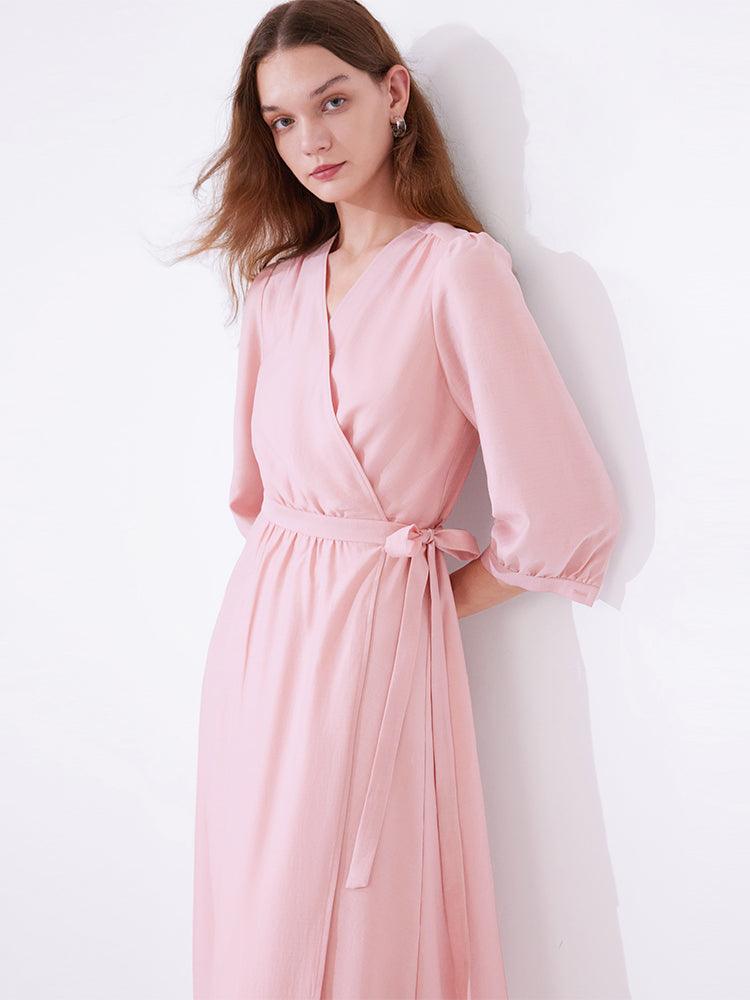 Pink V-neck Flowy Wrap Dress GOELIA