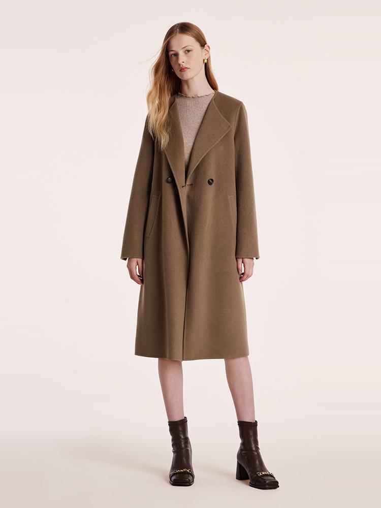 Coffee Tencel Wool Navy Collar Coat GOELIA