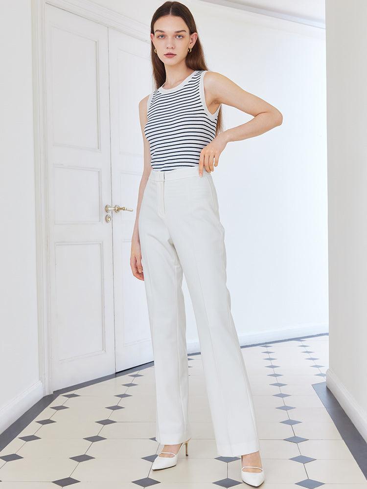 White Adjustable Waist Full Length Pants GOELIA