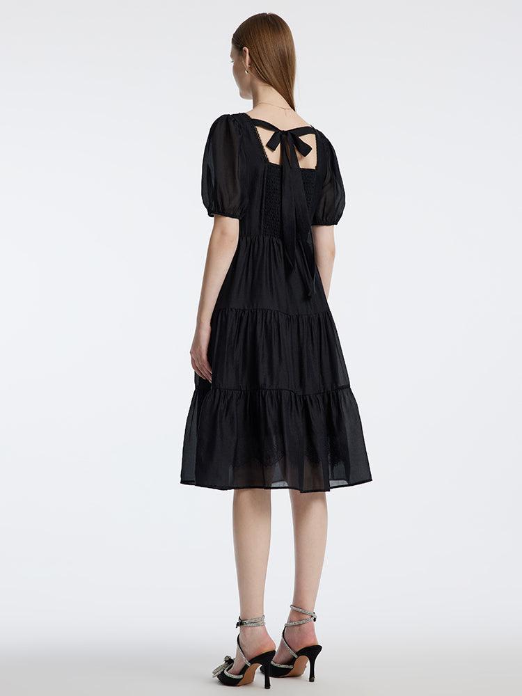 Square Neck Black Waist Dress GOELIA