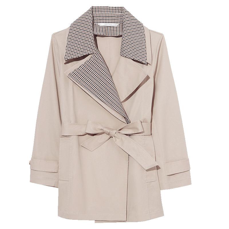 Beige Removable Double Plaid Collar Tench Coat GOELIA