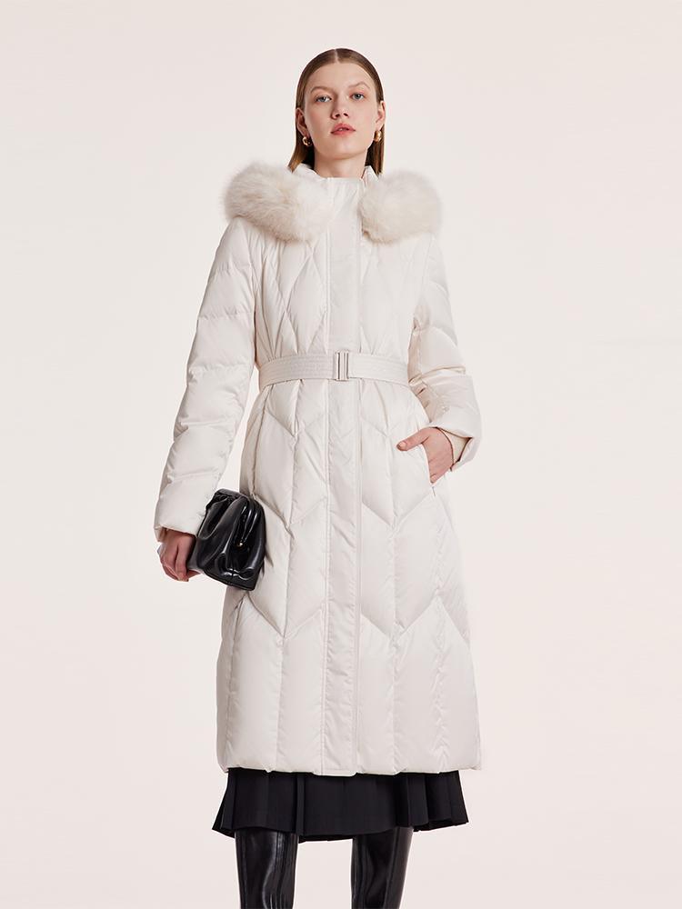 White Gathered Waist Long Goose Down Garment With Faux-Fur Collar GOELIA