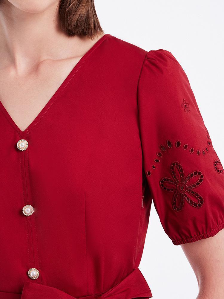 Chili Red Embroidered V-Neck Waist-Skimming Dress GOELIA