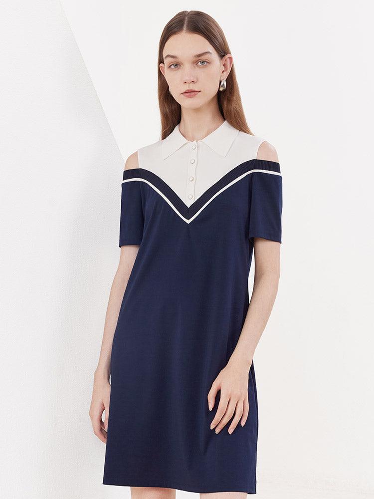 Blue&White Color Block Off-shoulder Dress GOELIA