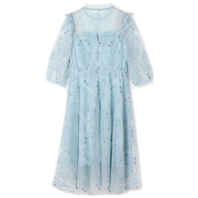 Blue See-Through Mesh Embroidered Dress GOELIA