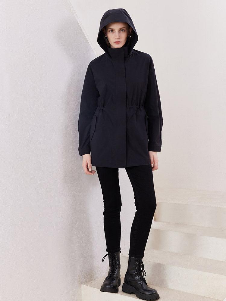 Black Gathered Waist Parka Jacket GOELIA