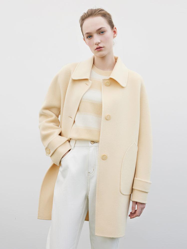 Cream Yellow Mid-length Woolen Coat GOELIA