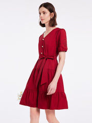 Chili Red Embroidered V-Neck Waist-Skimming Dress GOELIA