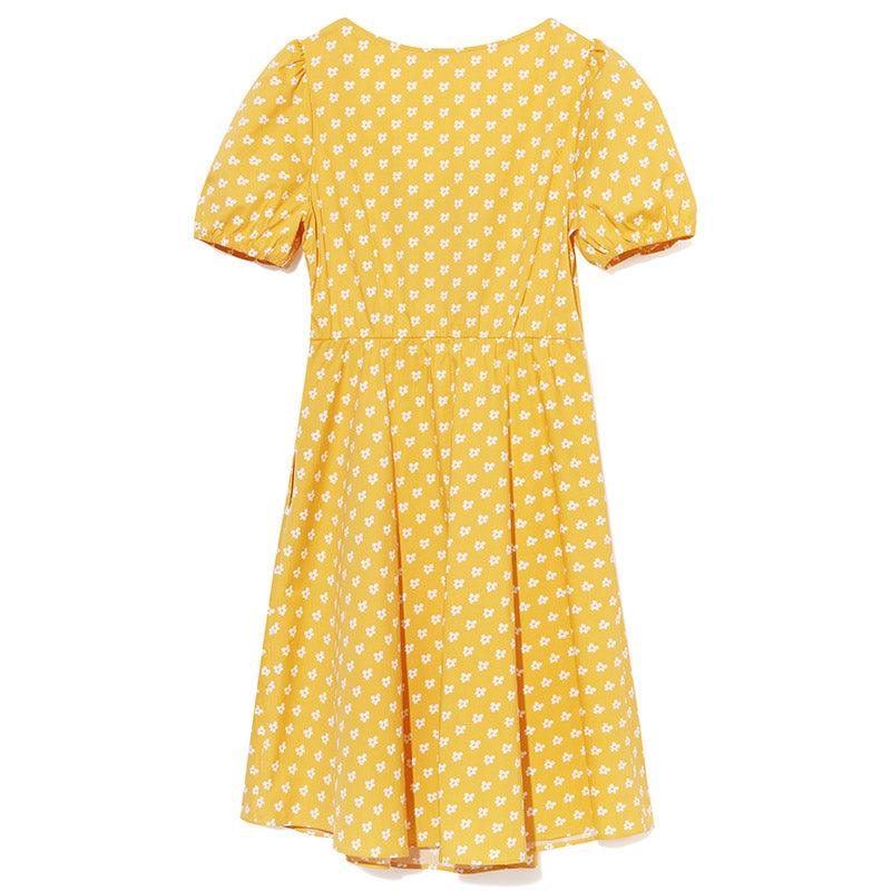 Yellow White Floral Print Square Neck Dress GOELIA