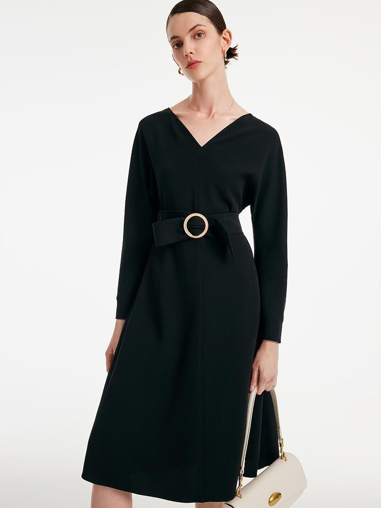 Acetate V-neck Long-sleeved Dress With Belt GOELIA