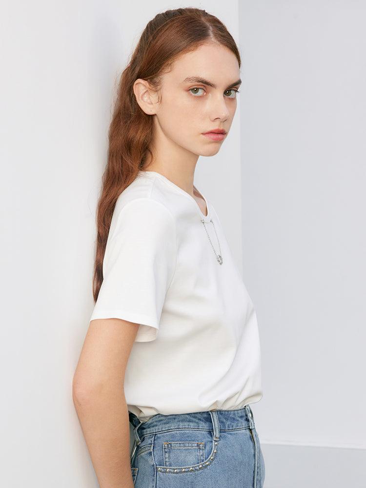 White Round Neck T-Shirt With Chain GOELIA