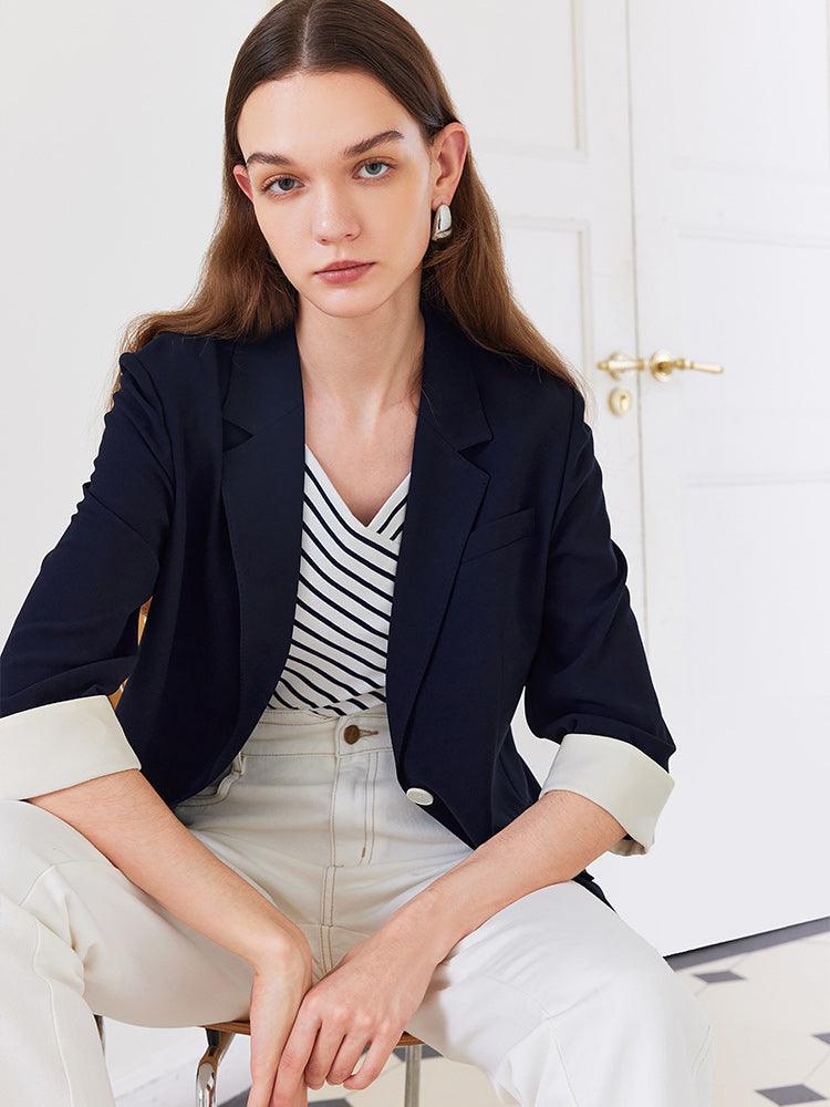 Navy Blue Color Block Blazer GOELIA