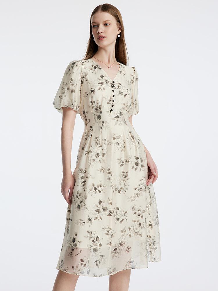 Floral Ink Painting V-Neck Waist-Skimming Dress GOELIA