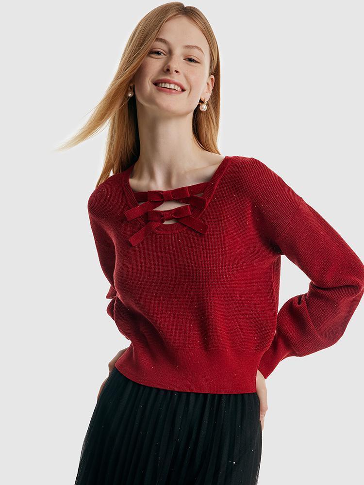 Tencel And Wool Puff Sleeve Bowknot Sweater GOELIA